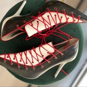 Fornarina shoes/ red laces/ black & white leather/ sexy hills, size 9 US